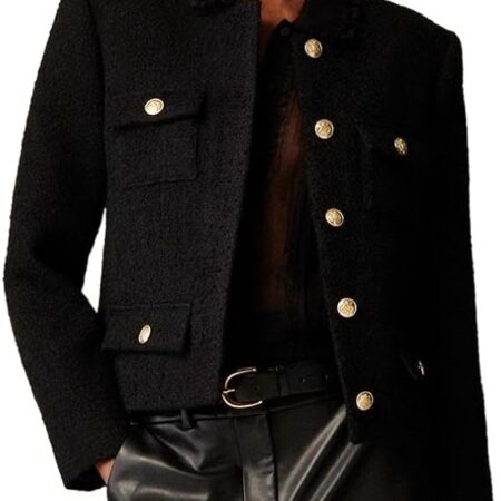 Women's Collarless Cropped Tweed Blazer Button Front Casual Business Jacket with Decorative Pockets
