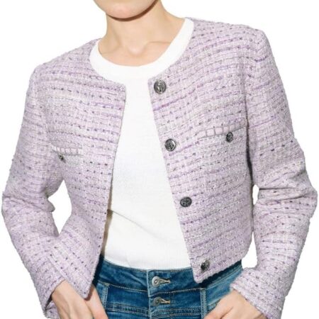 Women's Slim Fit Tweed Blazer Jacket Long Sleeve Cropped Office Coat with Button Closure and Pocket Design