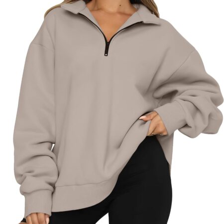 Women’s Oversized Half Zip Fleece Pullover Sweatshirt with Drop Shoulder Design