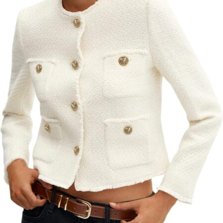 Women’s Collarless Cropped Tweed Blazer Casual Business Jacket