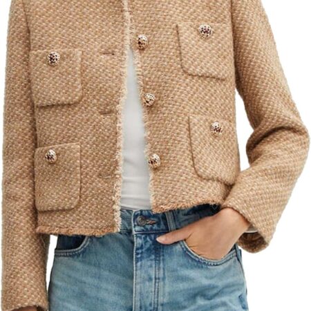 Women’s Collarless Cropped Tweed Blazer Button Down Office Jacket