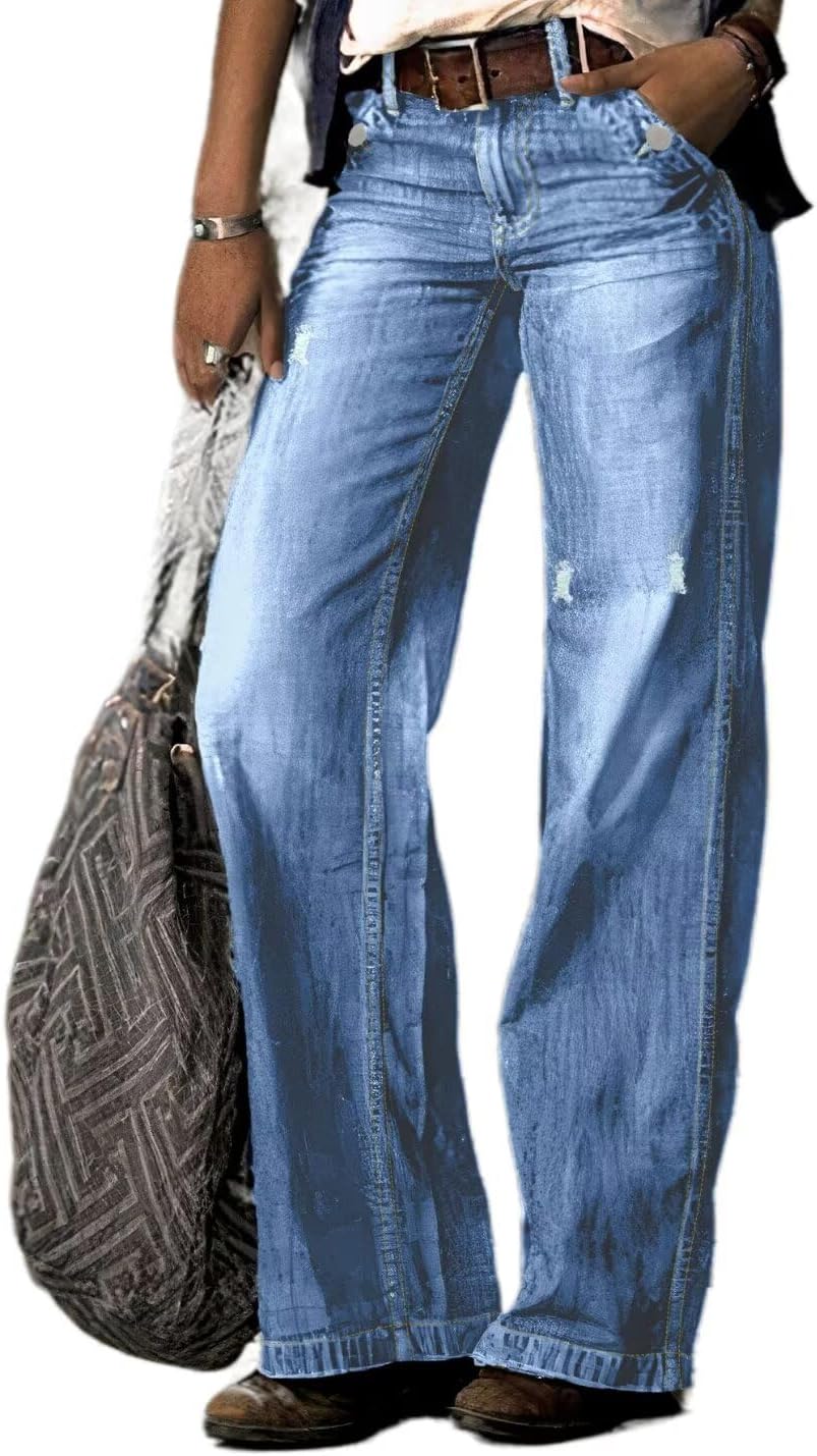 Women’s Straight Leg Ripped Raw Hem Mid Waist Bootcut Jeans - Image 2