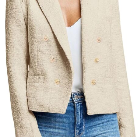 Women's Lightweight Cropped Blazer Jacket Open Front Long Sleeve Business Casual Coat with Side Pockets