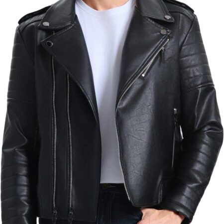 Men’s Faux Leather Biker Jacket Asymmetric Zip Slim Fit Coat