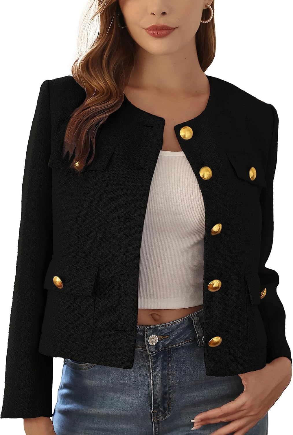 Women's Elegant Cropped Tweed Jacket Round Neck Long Sleeve Business Casual Outerwear with Pockets