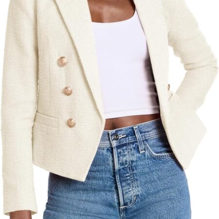 Women’s Cropped Tweed Blazer Open Front Long Sleeve Business Jacket