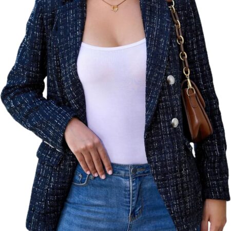 Women’s Oversized Plaid Tweed Blazer Long Sleeve Open Front Jacket