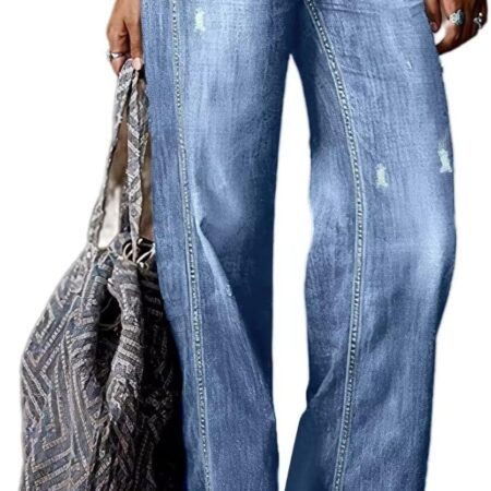 Women’s Straight Leg Ripped Raw Hem Mid Waist Bootcut Jeans