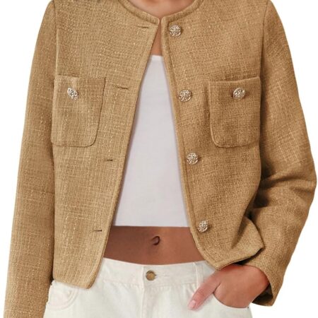 Women's Cropped Tweed Blazer Jacket with Long Sleeves Button Front and Functional Pockets for Office Casual Wear