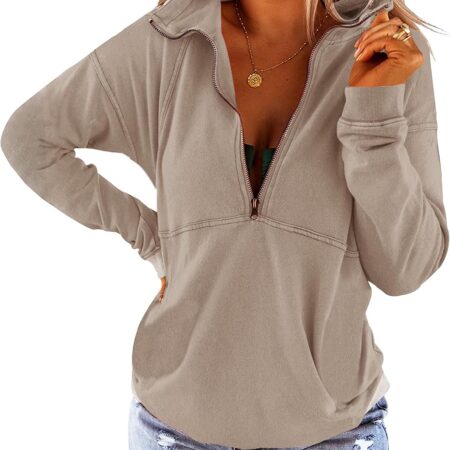 Women’s Long Sleeve Half Zip Pullover Sweatshirt Loose Casual Top