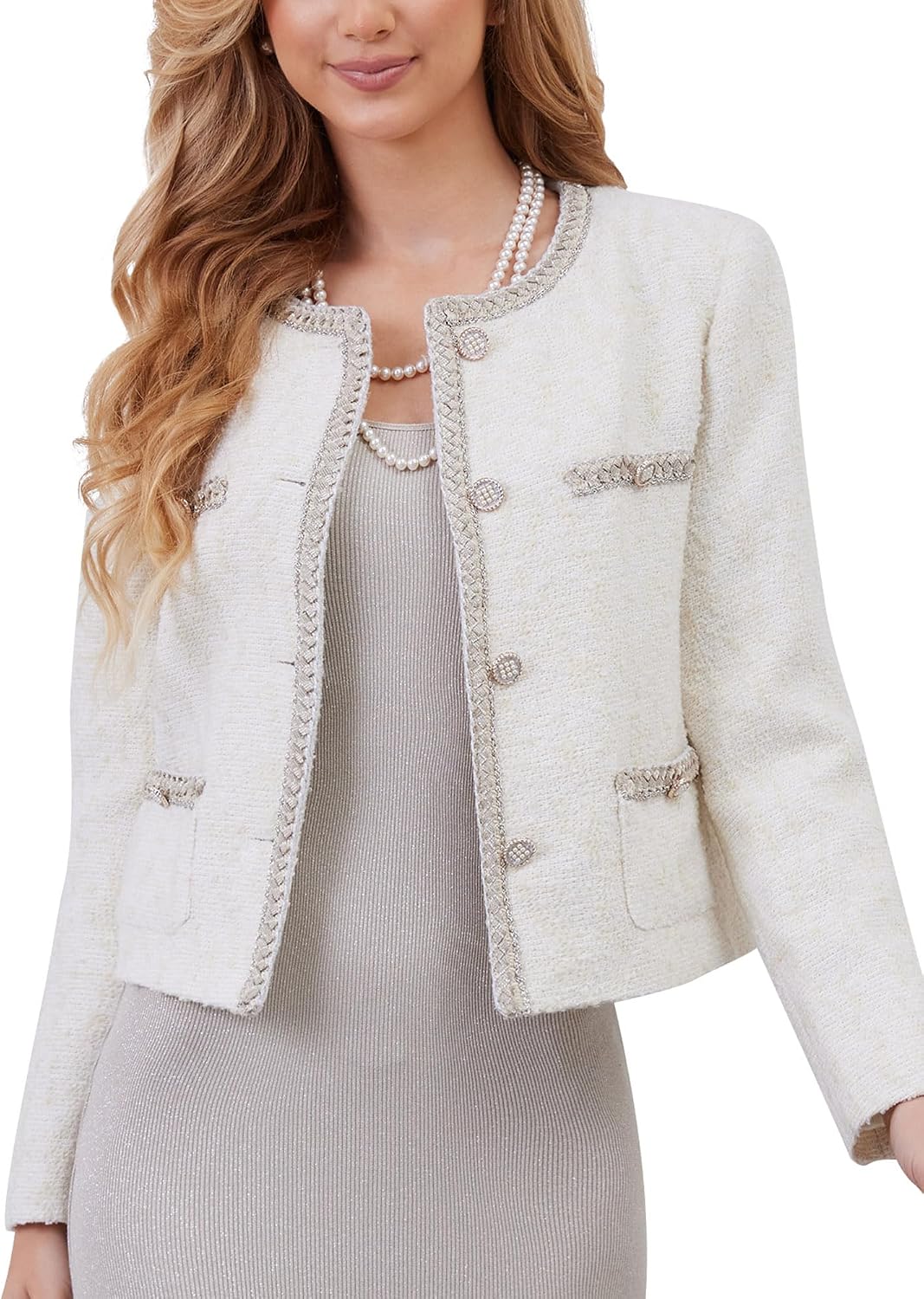 Women's Tweed Cardigan Style Blazer Jacket Long Sleeve Crewneck Open Front Cropped Coat with Pockets