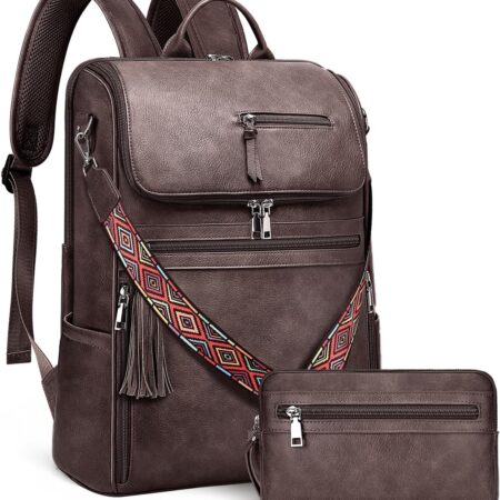 Vintage PU Leather Laptop Backpack Waterproof Travel Daypack
