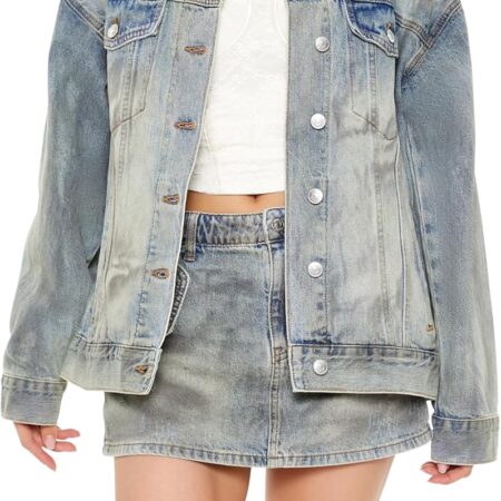 Women's Mineral Wash Denim Trucker Jacket Casual Button Front Long Sleeve Jean Coat for Everyday Wear