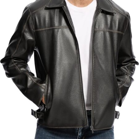 Men’s Faux Leather Lightweight Bomber Motorcycle Jacket with Pockets